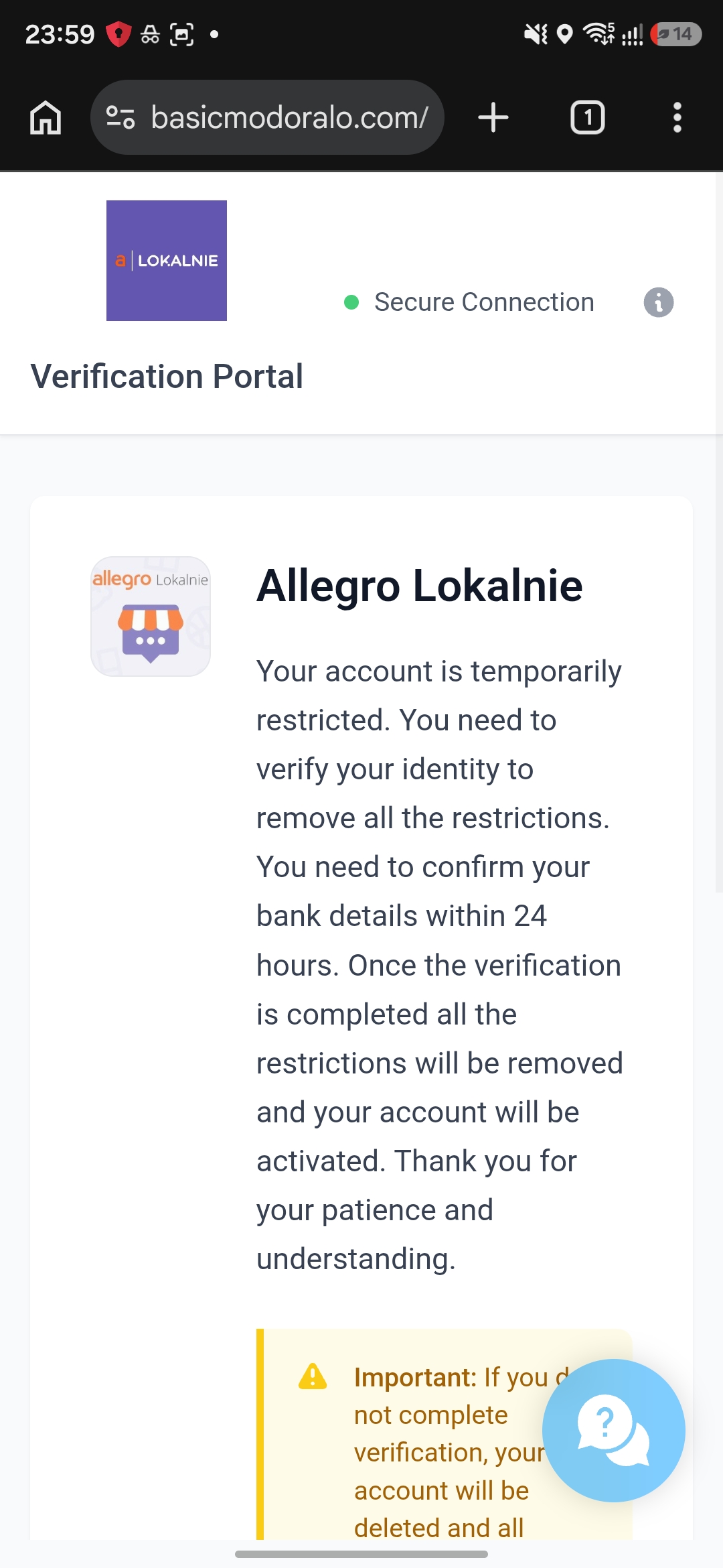 AllegroLokalnie Verification Portal phishing page — account restriction lure