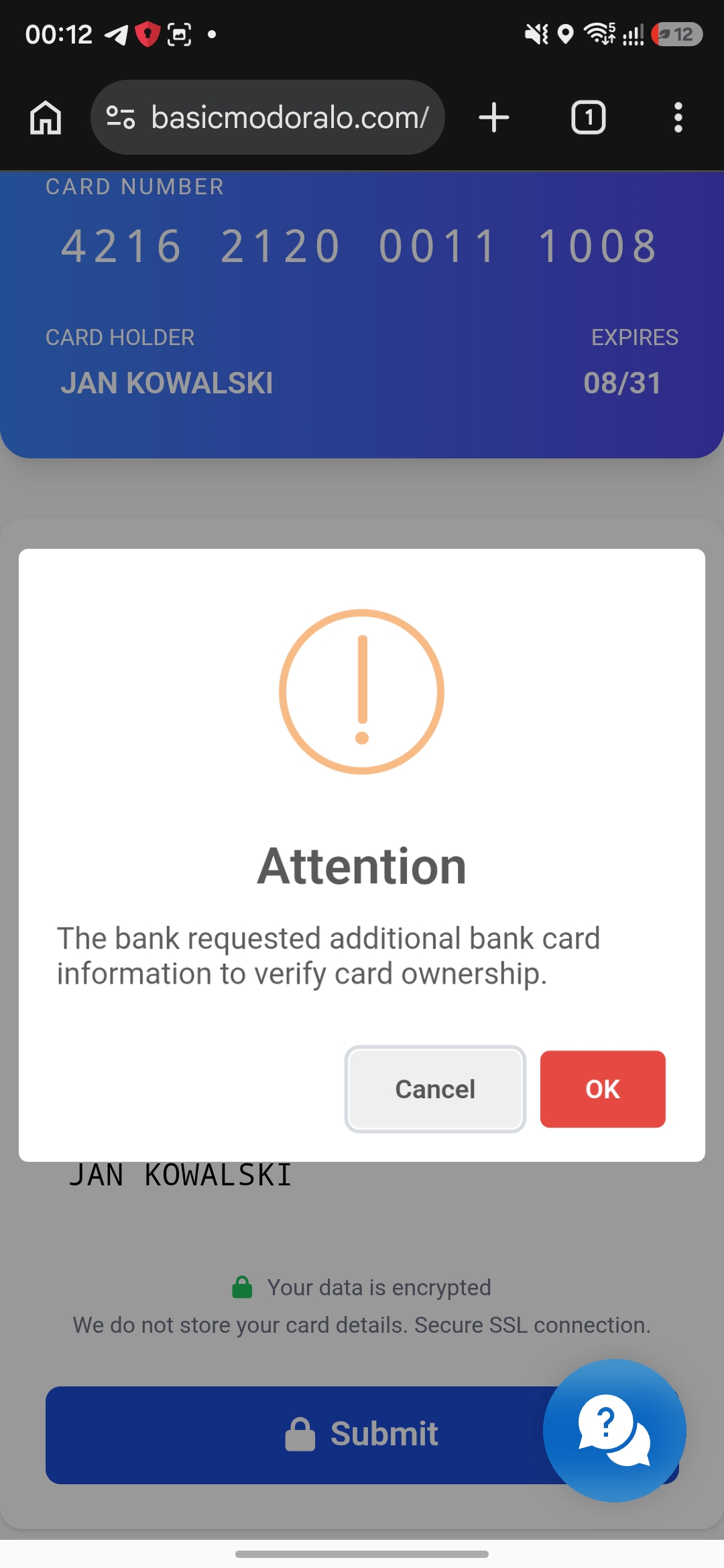 Attention dialog — bank requests additional card info
