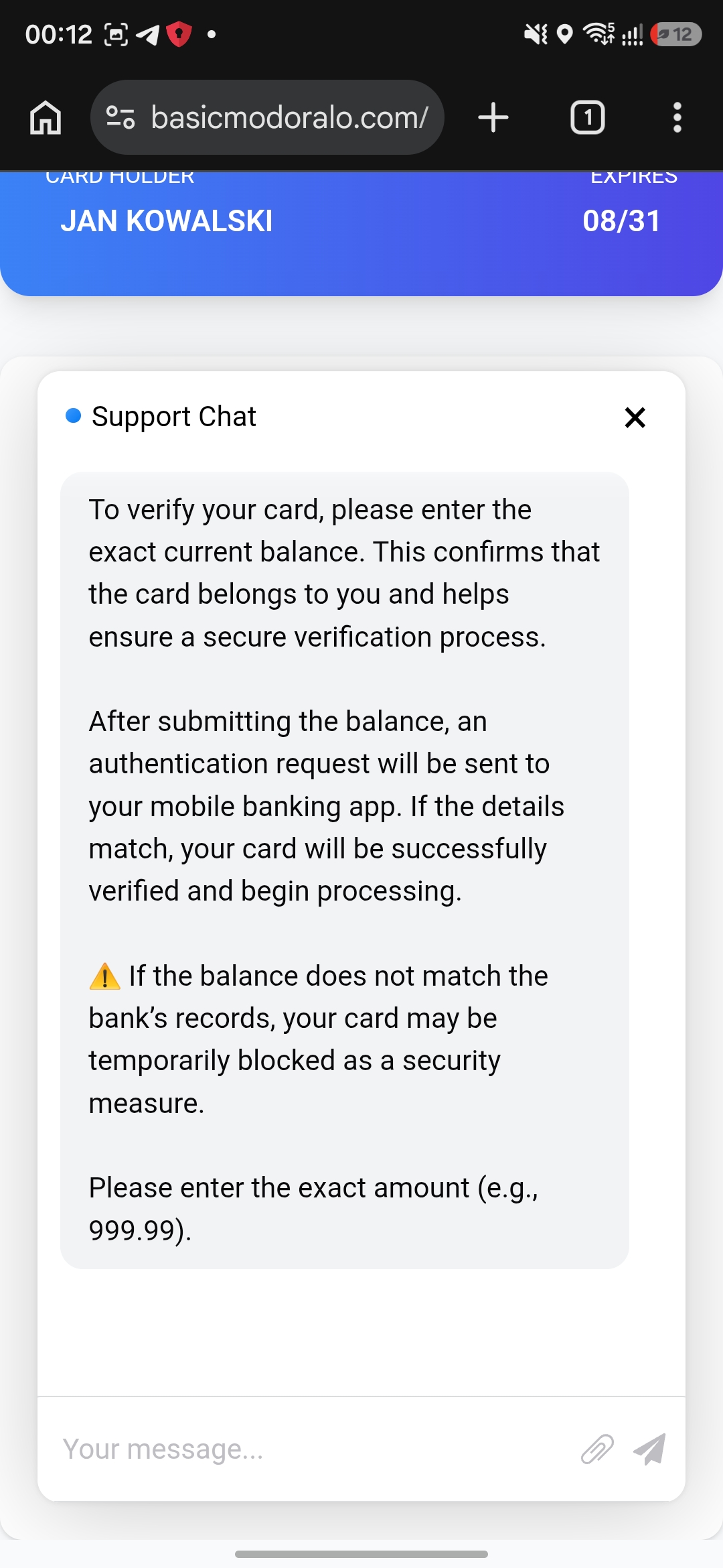 Chat asks for exact card balance