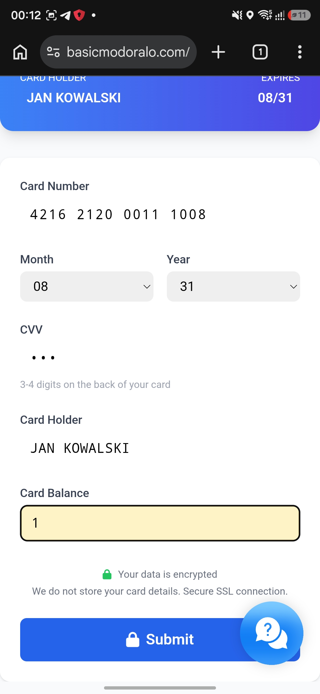 Card balance field added to form