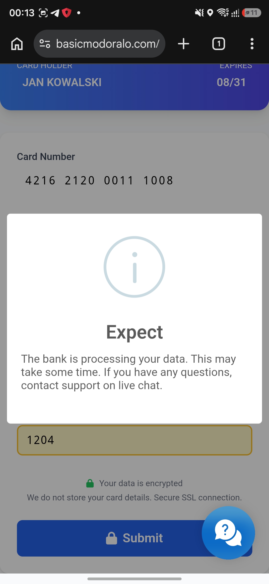 Expect — bank processing screen