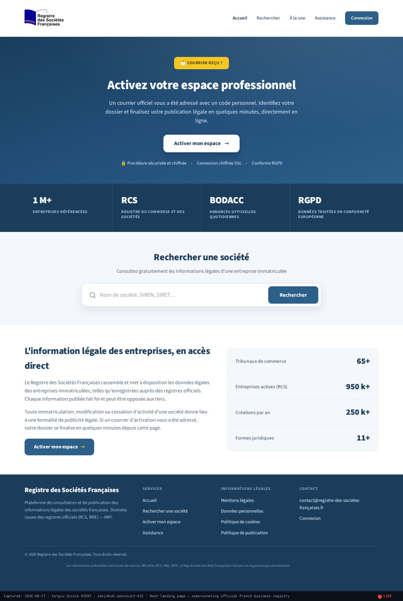 Live capture: root landing page impersonating French official registry
