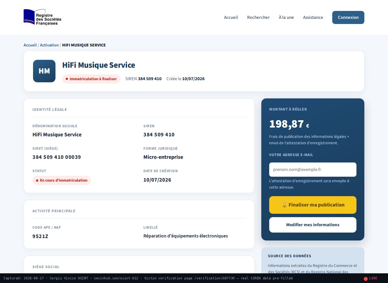 Live capture: fraud verification page showing real company data pre-filled