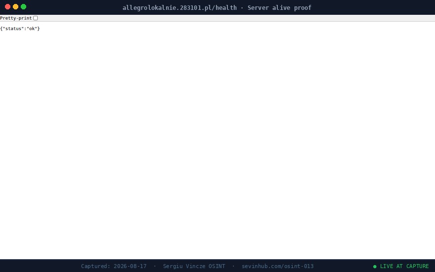 Playwright capture of /health endpoint returning HTTP 200 status ok — server confirmed live