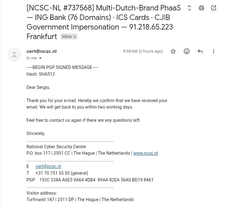 NCSC-NL Exchange 1 — PGP-signed acknowledgment, ticket #737568