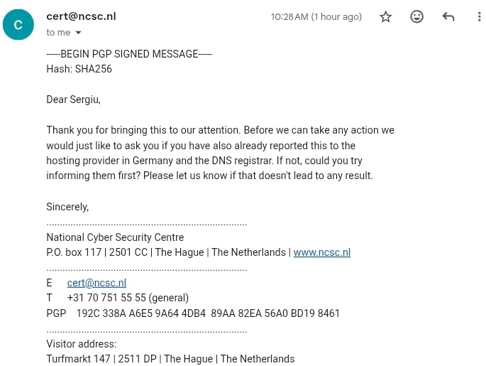 NCSC-NL Exchange 2 — PGP-signed follow-up requesting hosting/registrar contact