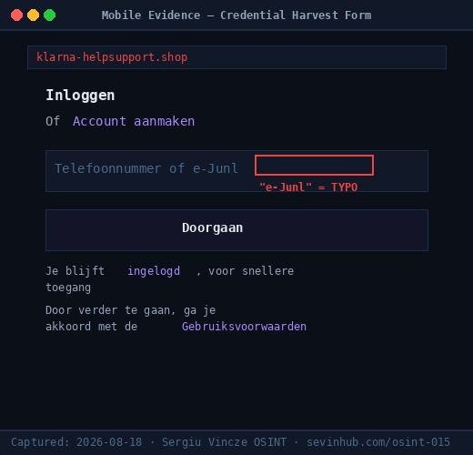 Case 015 — Klarna credential harvest form with e-Junl typo