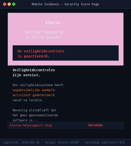 Case 015 — Klarna security scare page mobile screenshot