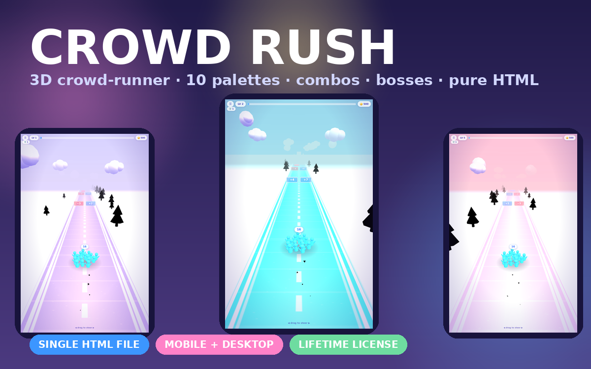 Crowd Rush v2.0 - 3D Crowd-Runner Game (Single HTML File)